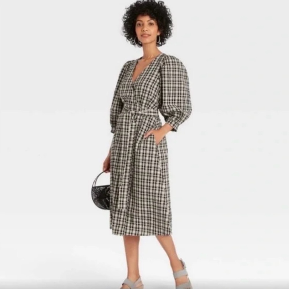 A New Day Black/Cream Plaid Wrap Dress
